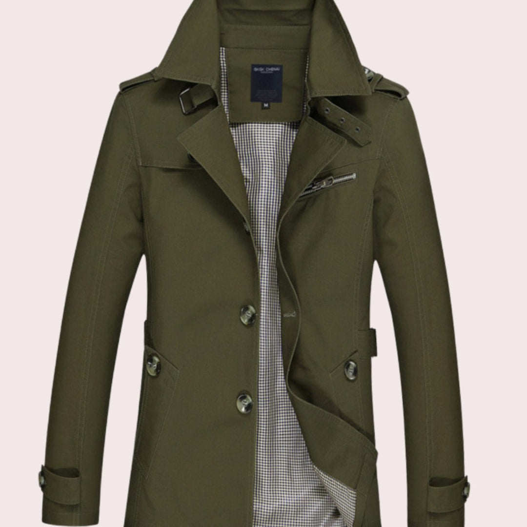 Men's Slim Fit Double-Breasted Epaulette Trench Coat - Army Green