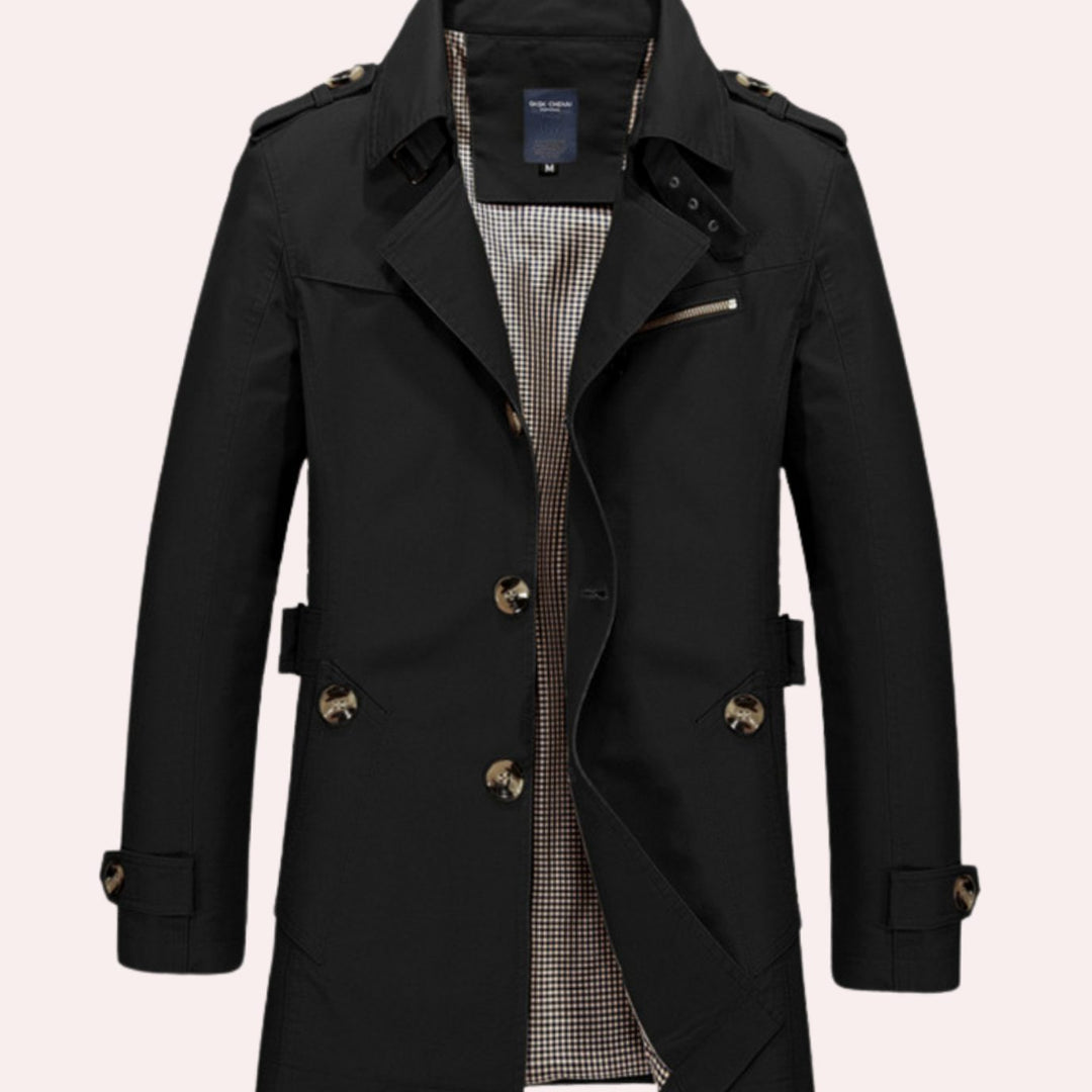 Men's Slim Fit Double-Breasted Epaulette Trench Coat - Black
