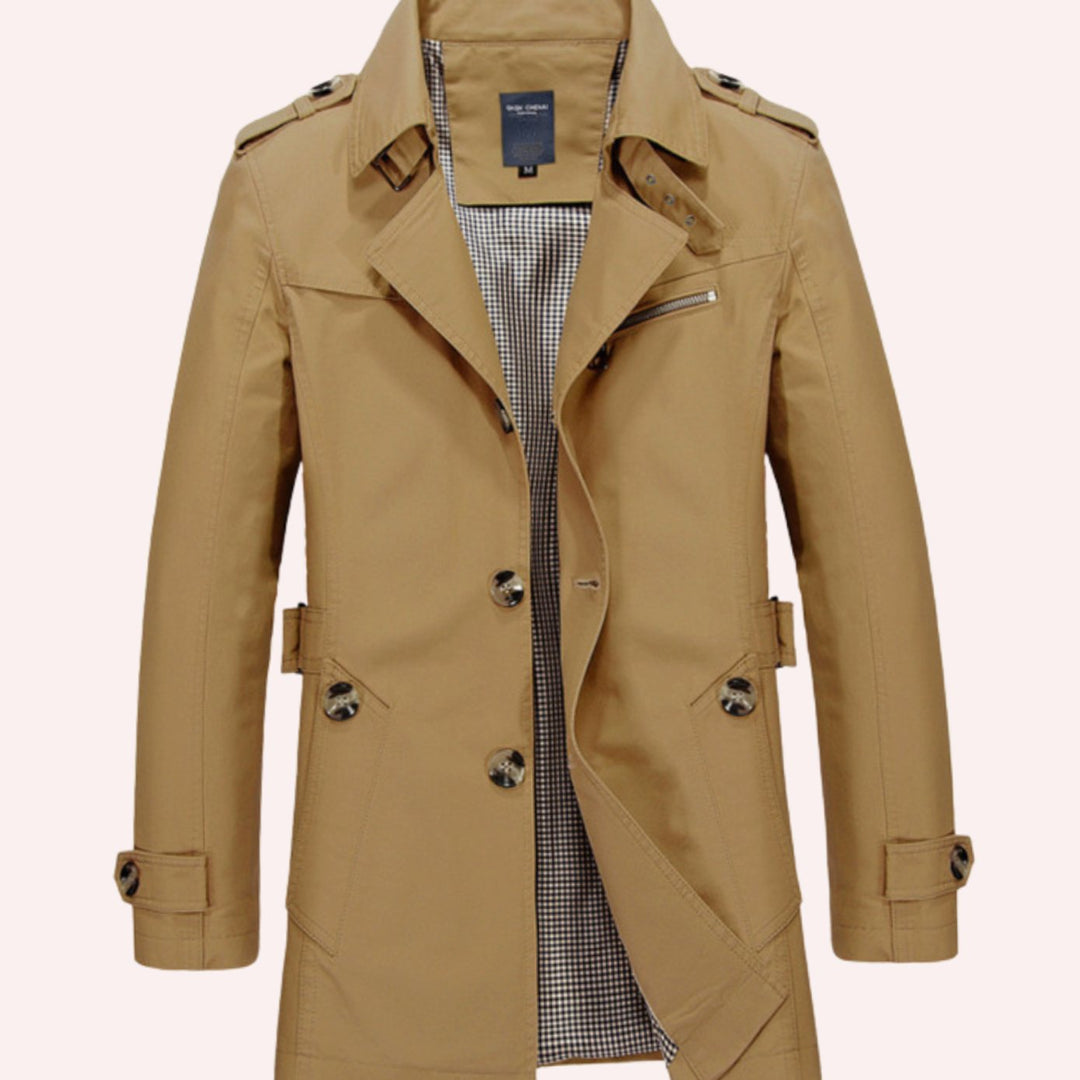 Men's Slim Fit Double-Breasted Epaulette Trench Coat - Khaki
