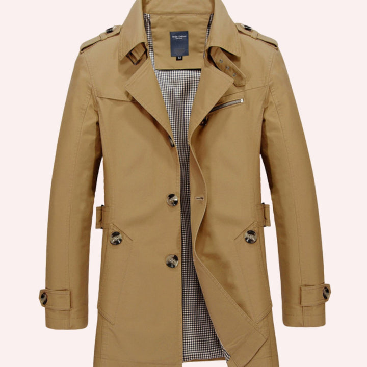 Men's Slim Fit Double-Breasted Epaulette Trench Coat - Khaki