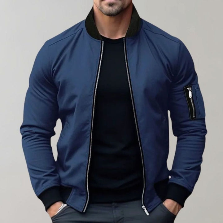Men's Slim Fit Full-Zip Bomber Jacket Ribbed Collar - Blue