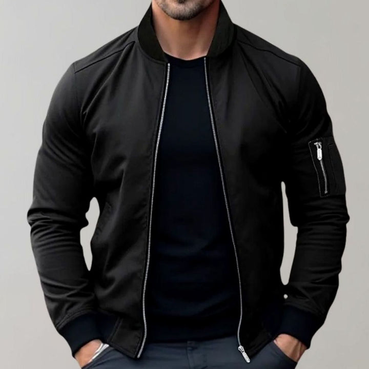 Men's Slim Fit Full-Zip Bomber Jacket Ribbed Collar - Black