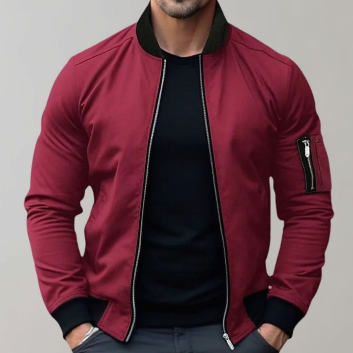 Men's Slim Fit Full-Zip Bomber Jacket Ribbed Collar - Burgundy