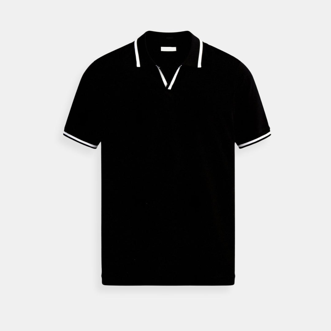 Men's Slim Fit Knit Cotton Open-Collar Tipped Polo Shirt - Black