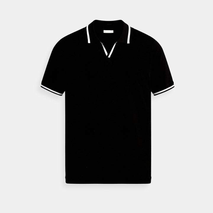 Men's Slim Fit Knit Cotton Open-Collar Tipped Polo Shirt - Black