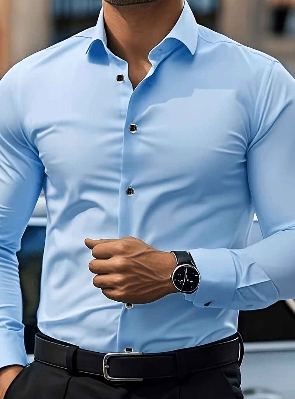 Men's Slim-Fit Long Sleeve Button-Up Dress Shirt - Blue