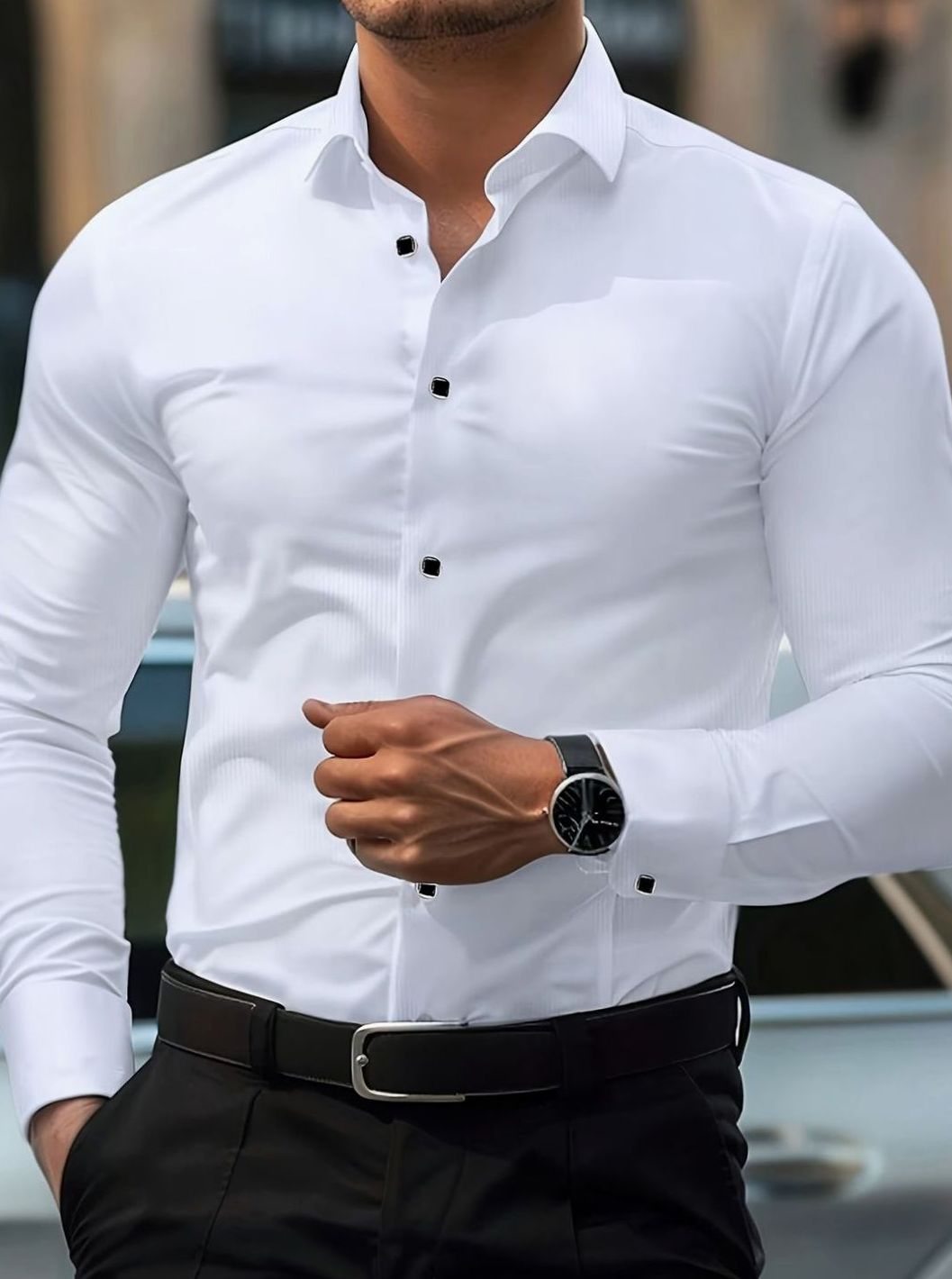 Men's Slim-Fit Long Sleeve Button-Up Dress Shirt - White