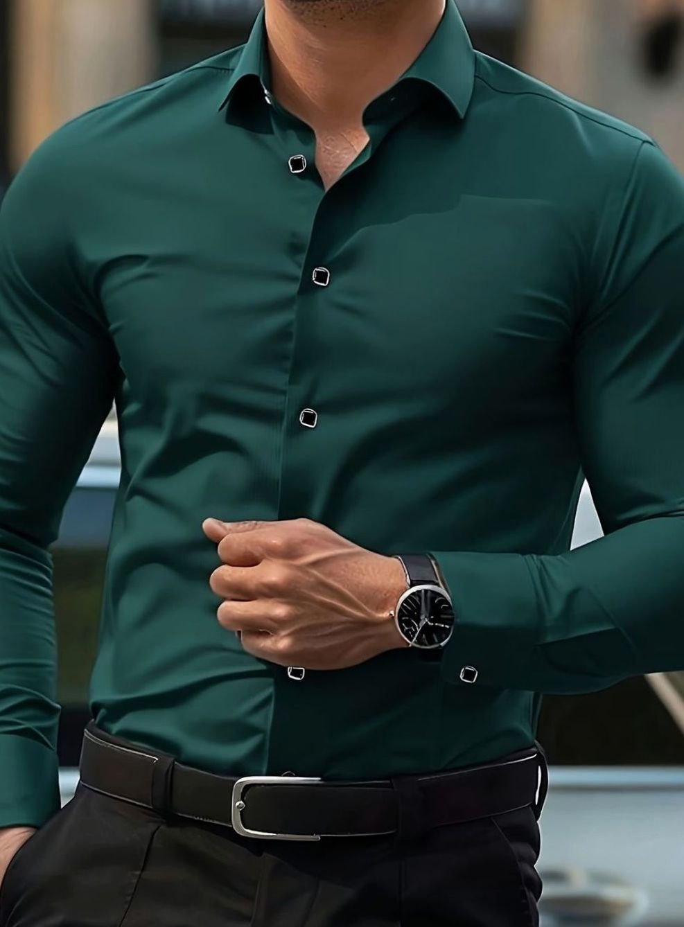 Men's Slim-Fit Long Sleeve Button-Up Dress Shirt - Green