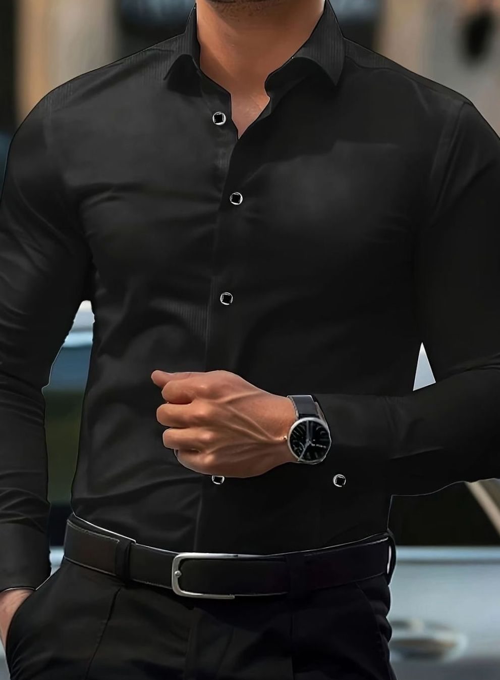 Men's Slim-Fit Long Sleeve Button-Up Dress Shirt - Black