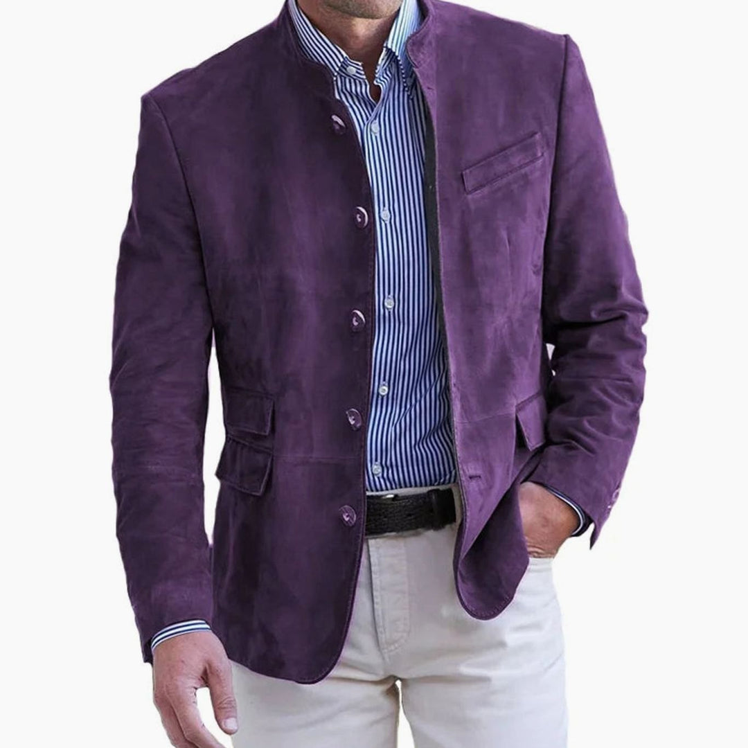 Men's Slim Fit Stand-Collar Button-Front Casual Blazer Jacket - Purple