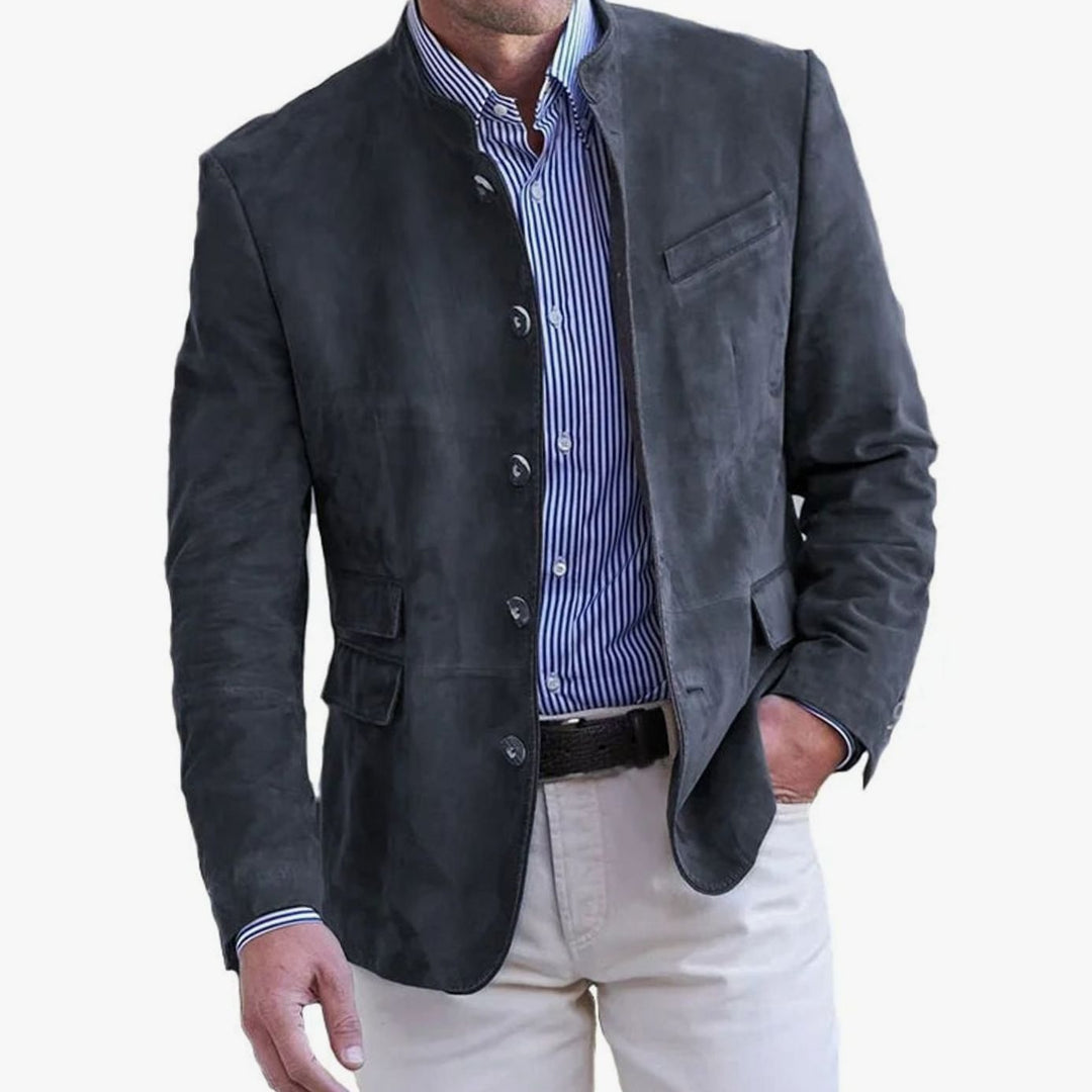 Men's Slim Fit Stand-Collar Button-Front Casual Blazer Jacket - Black
