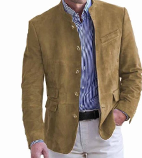 Men's Slim Fit Stand-Collar Button-Front Casual Blazer Jacket - Khaki