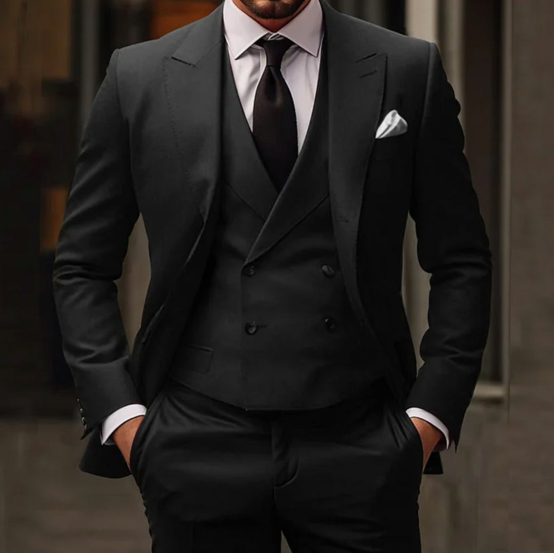 Men's Slim Fit Suit Three-Piece Double-Breasted Vest Formal Set - Black