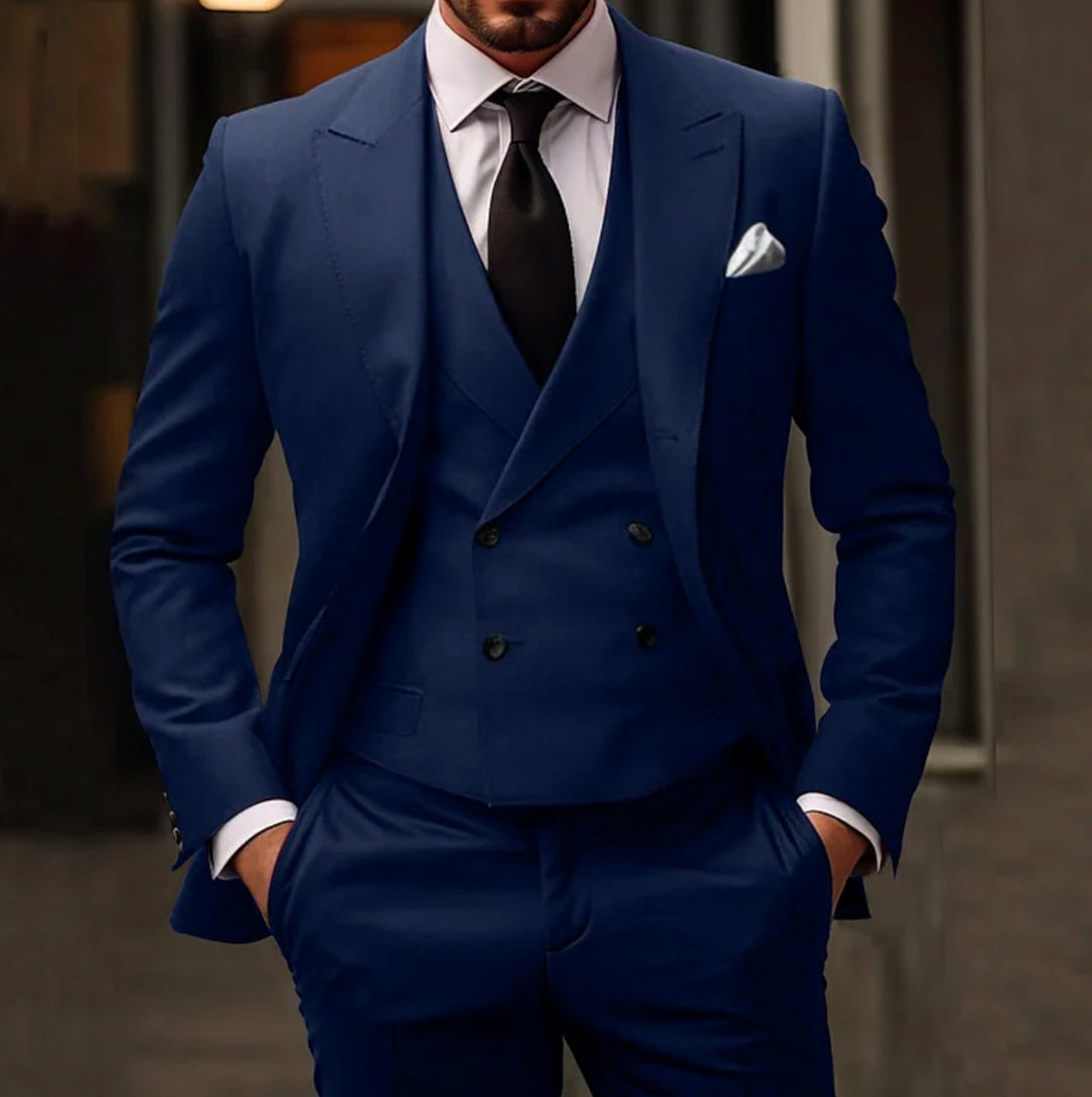 Men's Slim Fit Suit Three-Piece Double-Breasted Vest Formal Set - Dark Blue