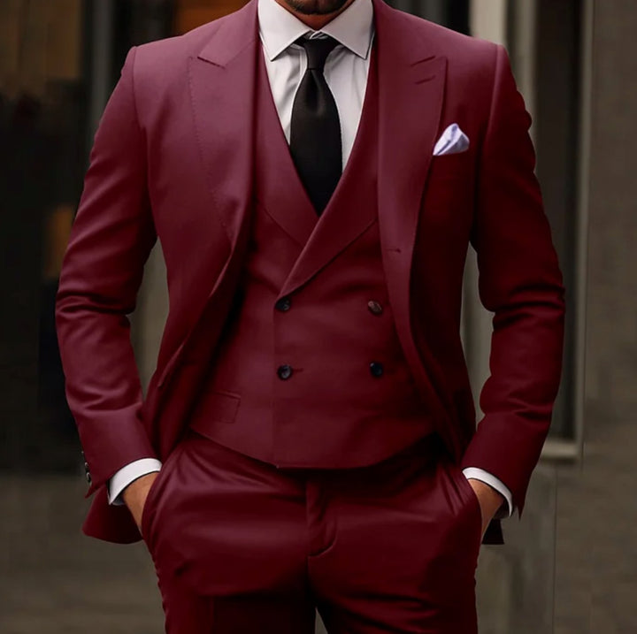 Men's Slim Fit Suit Three-Piece Double-Breasted Vest Formal Set - Burgundy