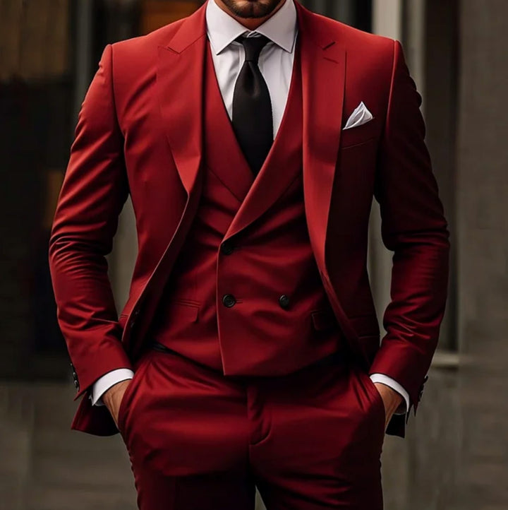Men's Slim Fit Suit Three-Piece Double-Breasted Vest Formal Set - Red