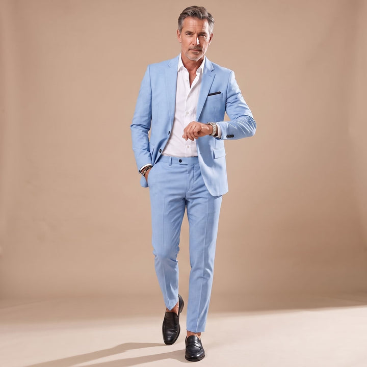 Men's Slim-Fit Tailored Two-Piece Blazer Suit Set - Light Blue