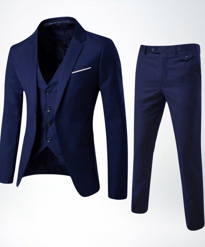 Men's Slim-Fit Three-Piece Formal Suit Set Blazer Vest Pants - Navy