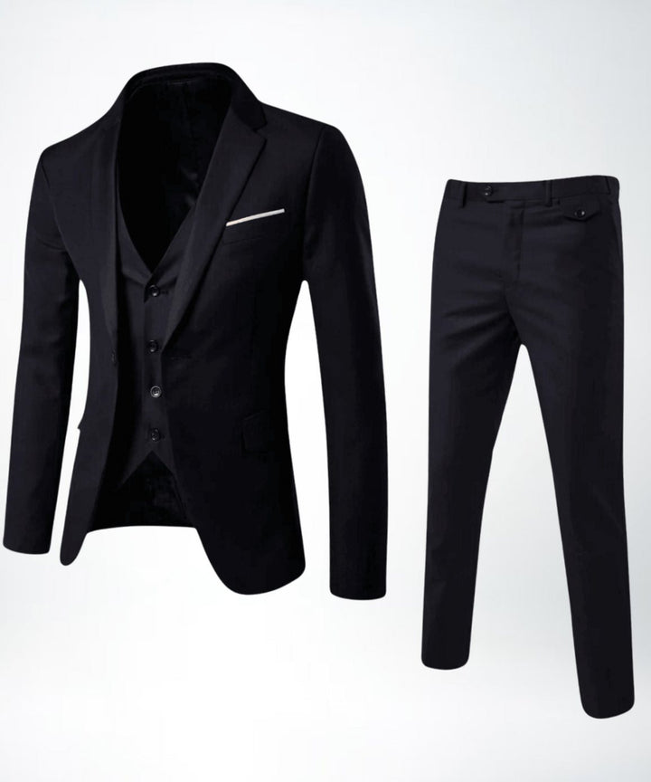 Men's Slim-Fit Three-Piece Formal Suit Set Blazer Vest Pants - Black