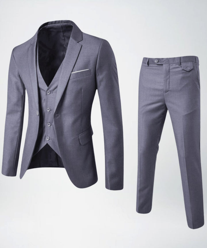 Men's Slim-Fit Three-Piece Formal Suit Set Blazer Vest Pants - Gray