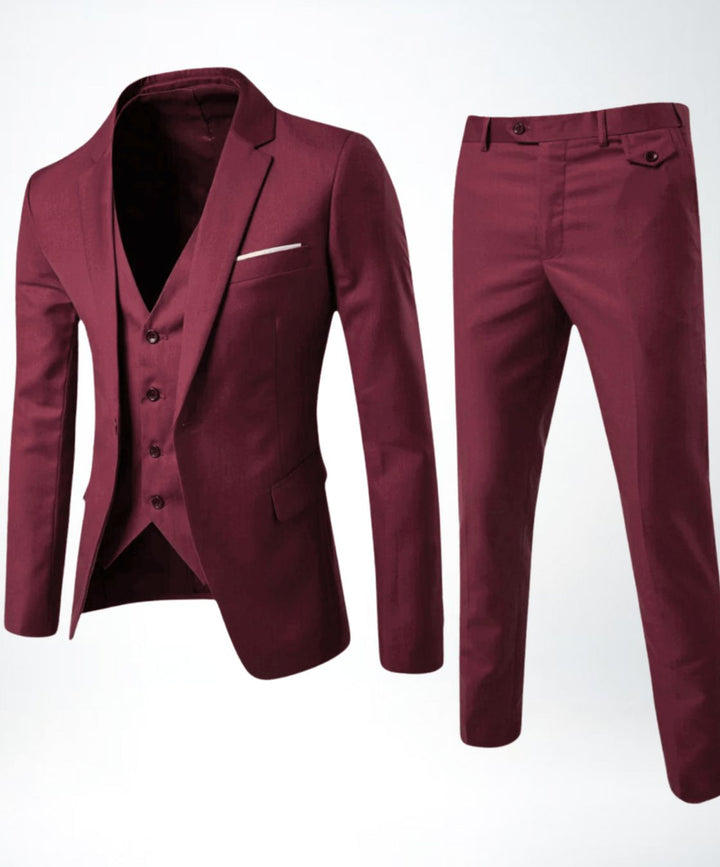Men's Slim-Fit Three-Piece Formal Suit Set Blazer Vest Pants - Red