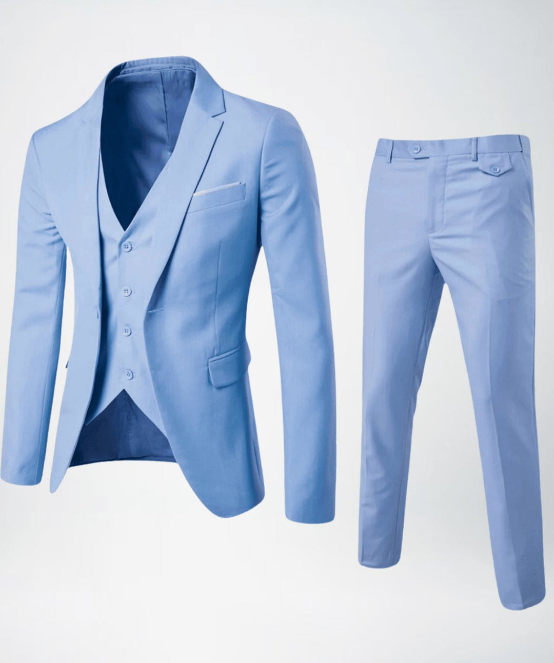 Men's Slim-Fit Three-Piece Formal Suit Set Blazer Vest Pants - Light Blue