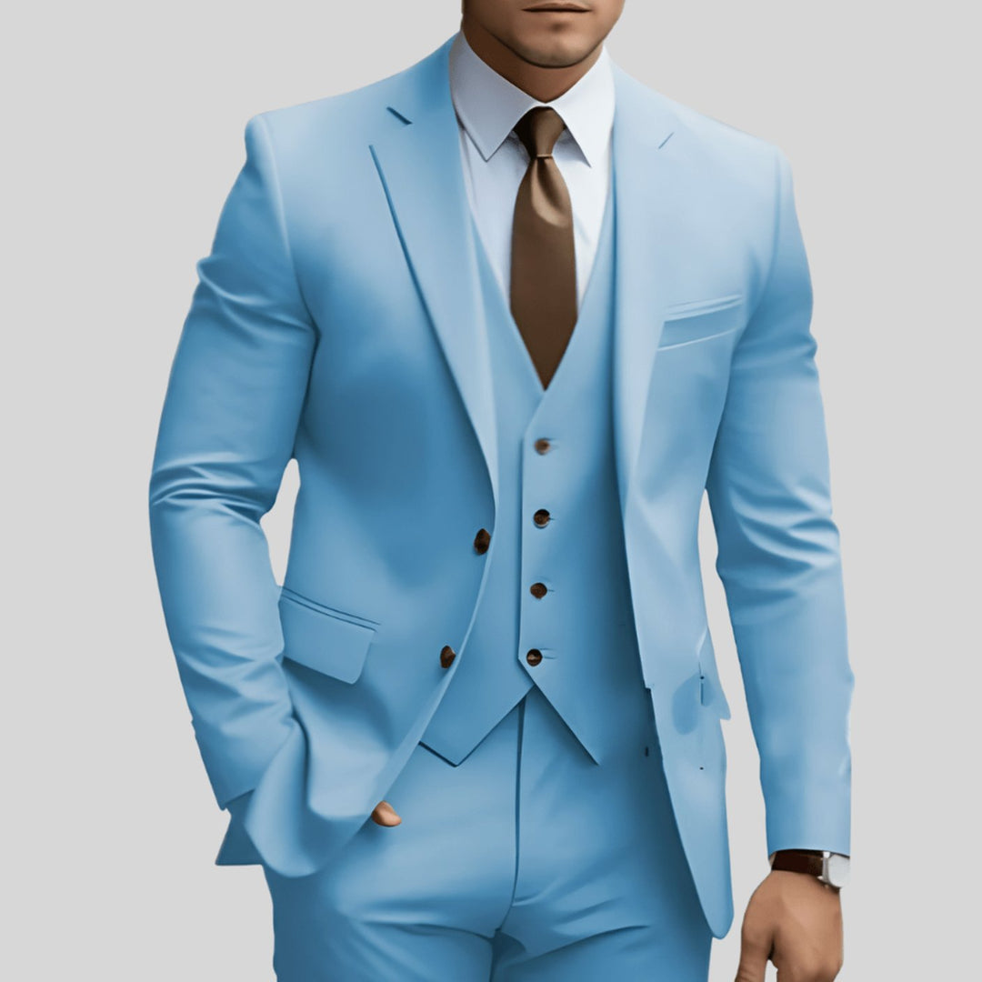Men's Slim-Fit Three-Piece Formal Suit Set Notch Lapel Blazer Vest Trousers - Light Blue