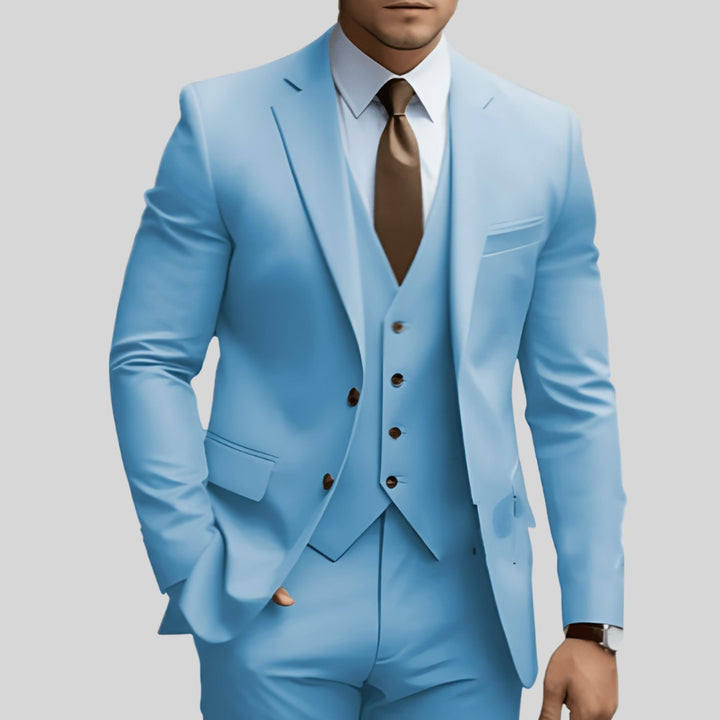 Men's Slim-Fit Three-Piece Formal Suit Set Notch Lapel Blazer Vest Trousers - Light Blue