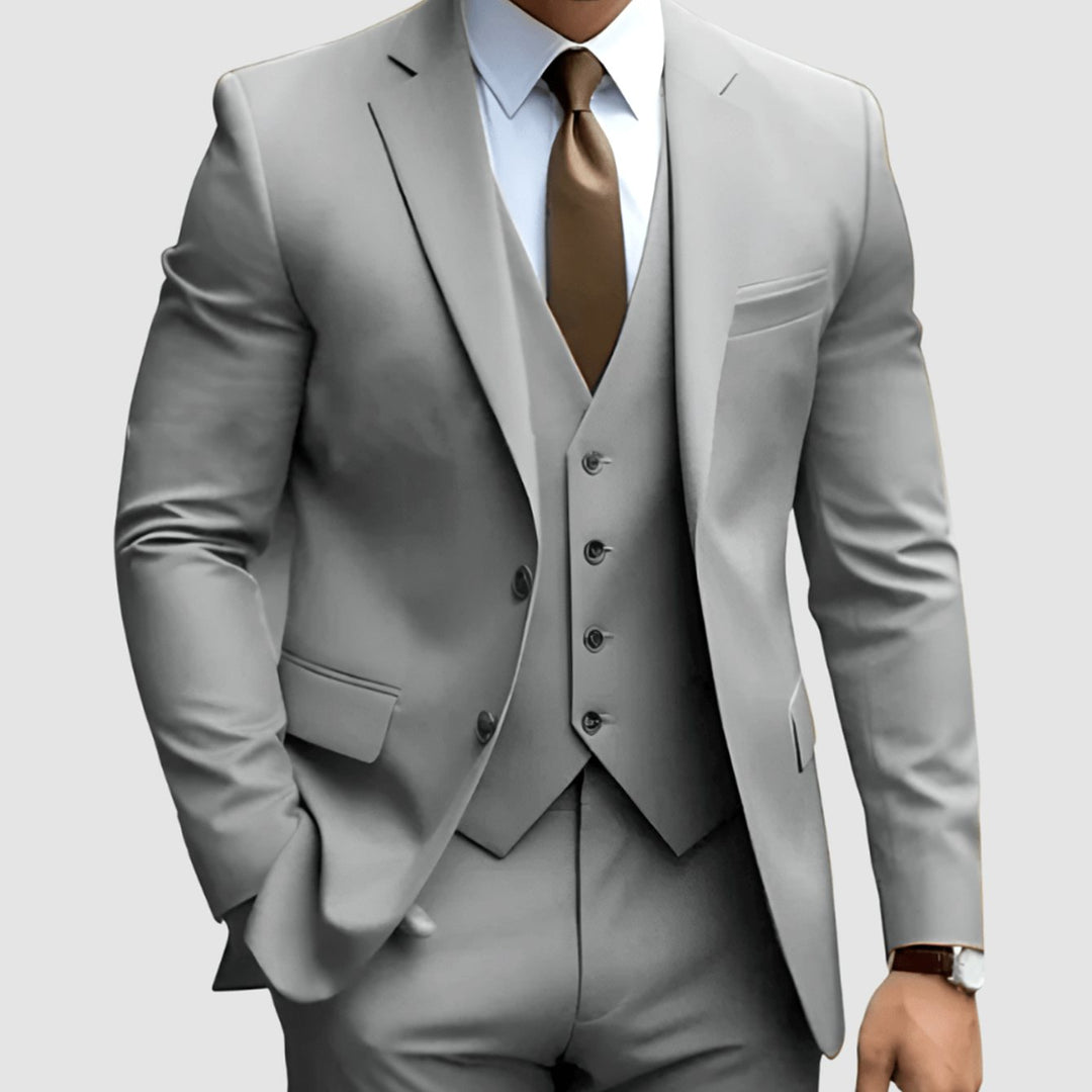 Men's Slim-Fit Three-Piece Formal Suit Set Notch Lapel Blazer Vest Trousers - Gray