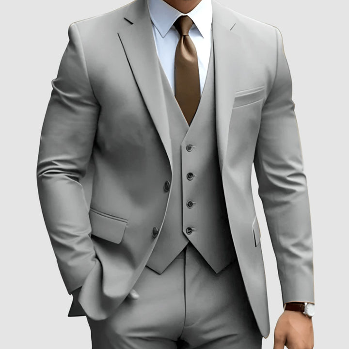 Men's Slim-Fit Three-Piece Formal Suit Set Notch Lapel Blazer Vest Trousers - Gray