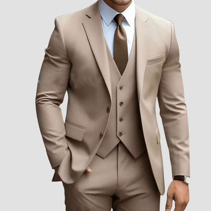 Men's Slim-Fit Three-Piece Formal Suit Set Notch Lapel Blazer Vest Trousers - Khaki