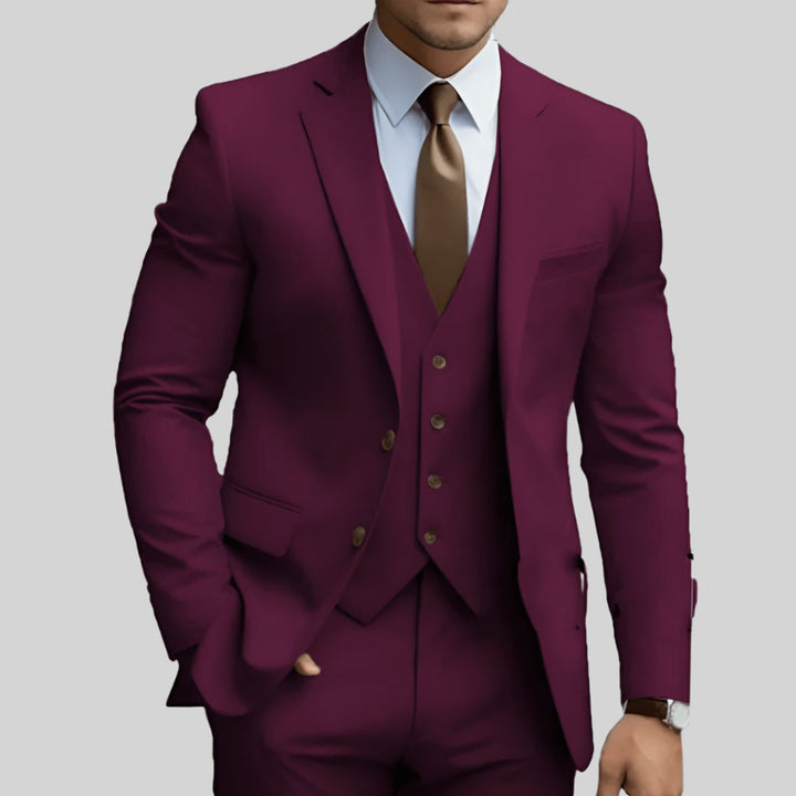 Men's Slim-Fit Three-Piece Formal Suit Set Notch Lapel Blazer Vest Trousers - Burgundy