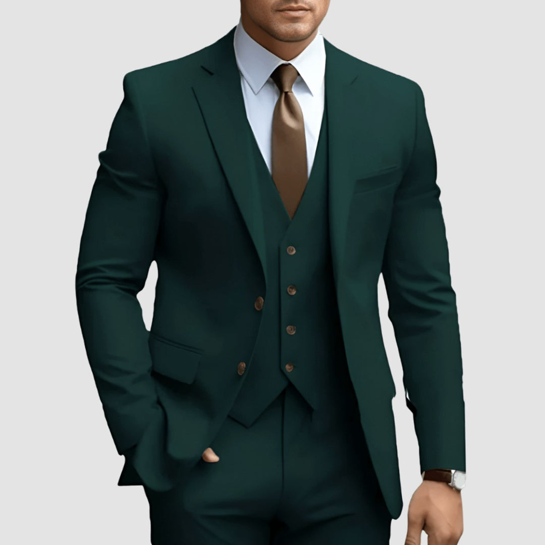Men's Slim-Fit Three-Piece Formal Suit Set Notch Lapel Blazer Vest Trousers - Dark Green