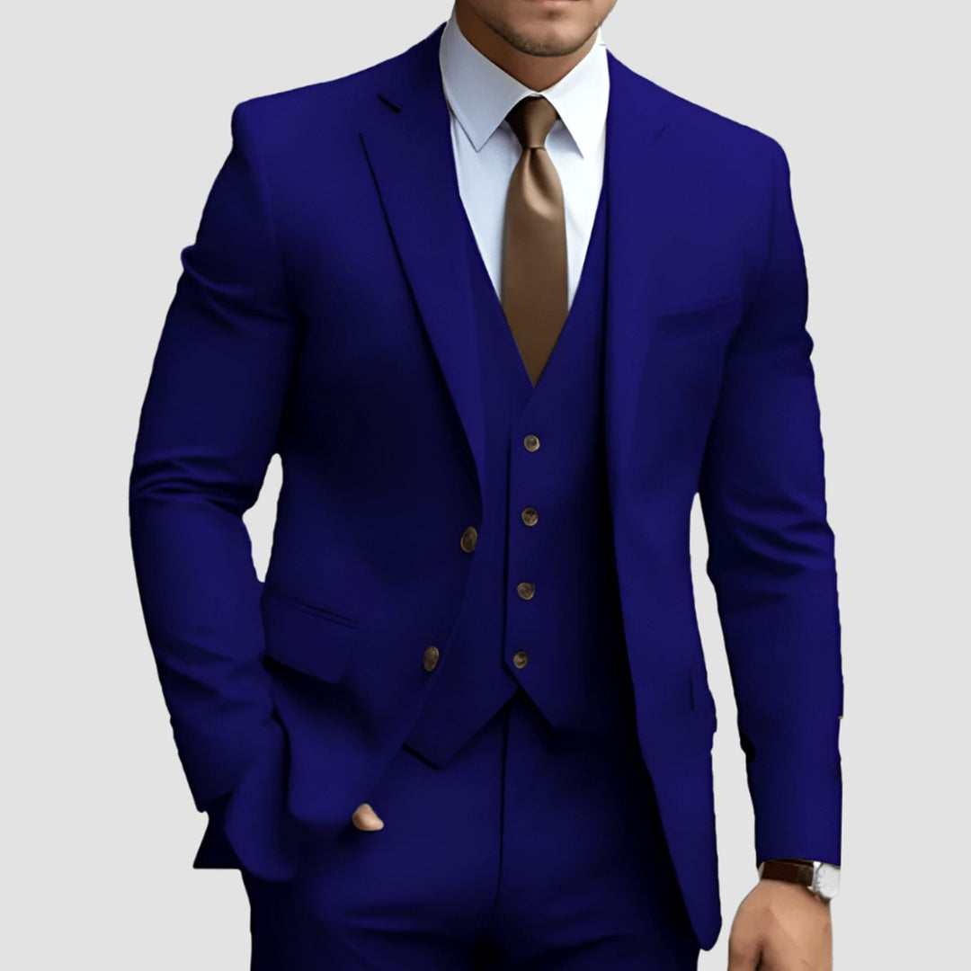 Men's Slim-Fit Three-Piece Formal Suit Set Notch Lapel Blazer Vest Trousers - Blue Purple