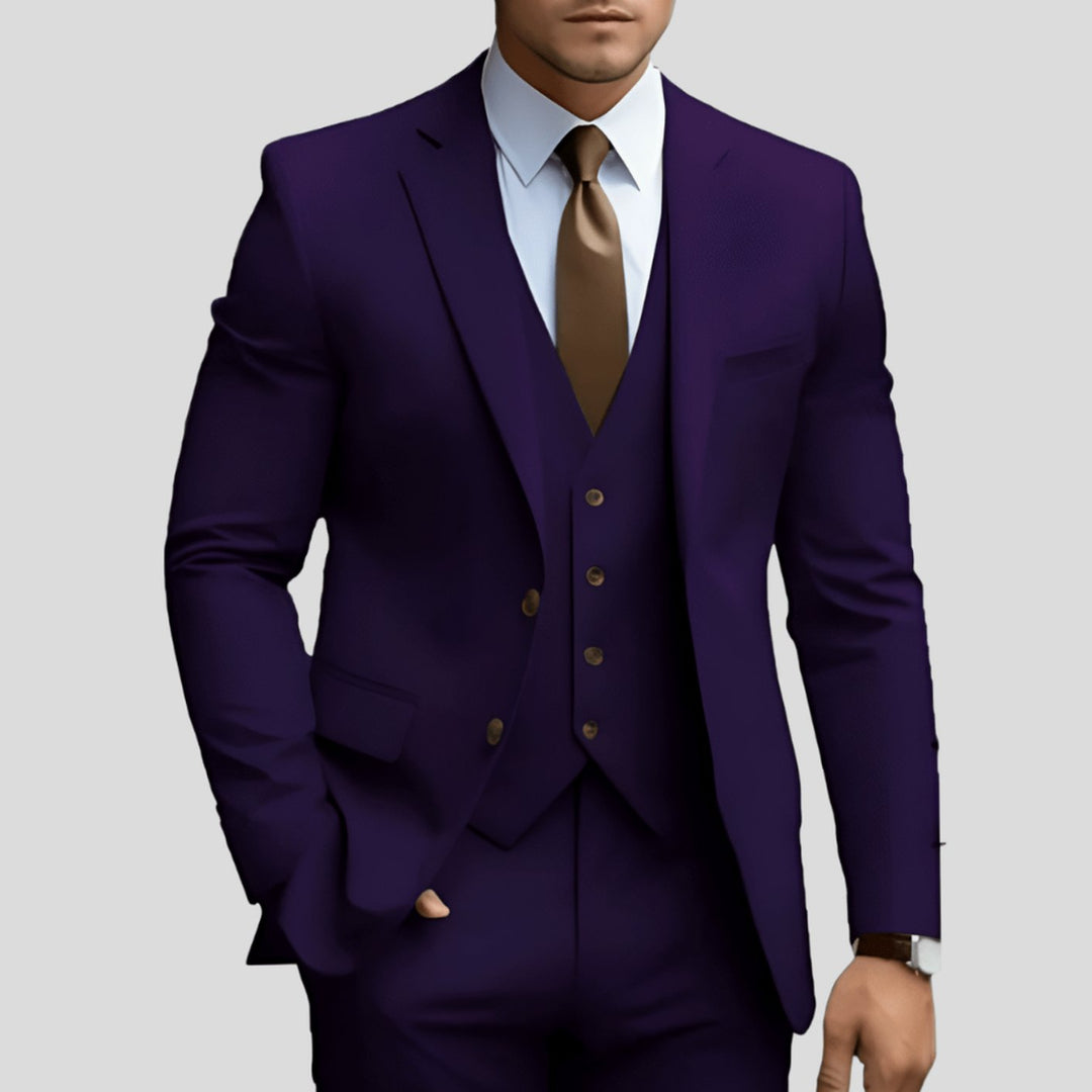 Men's Slim-Fit Three-Piece Formal Suit Set Notch Lapel Blazer Vest Trousers - Purple