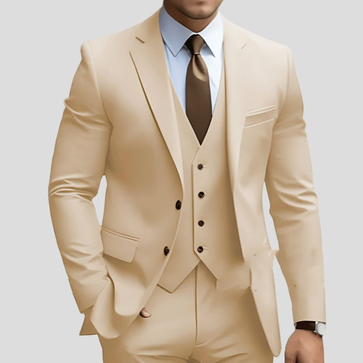 Men's Slim-Fit Three-Piece Formal Suit Set Notch Lapel Blazer Vest Trousers - Beige