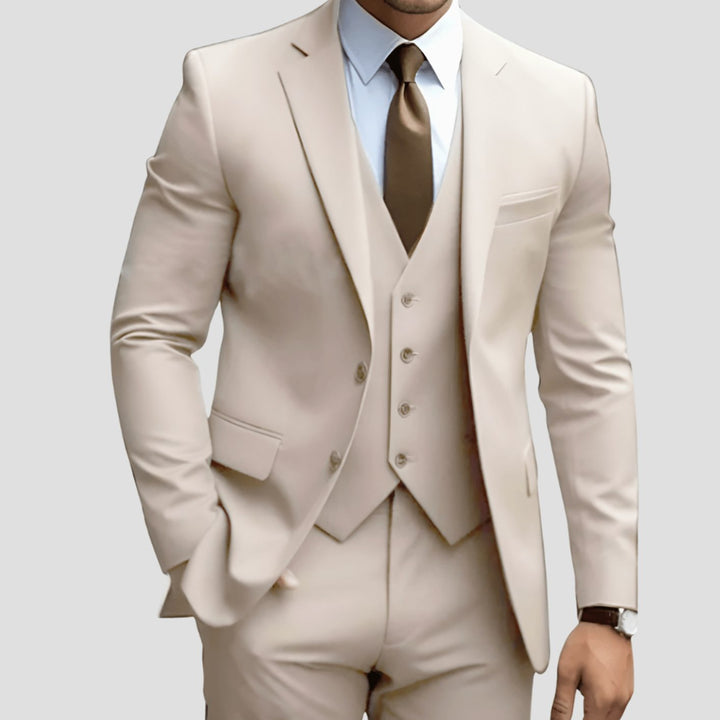 Men's Slim-Fit Three-Piece Formal Suit Set Notch Lapel Blazer Vest Trousers - Cream