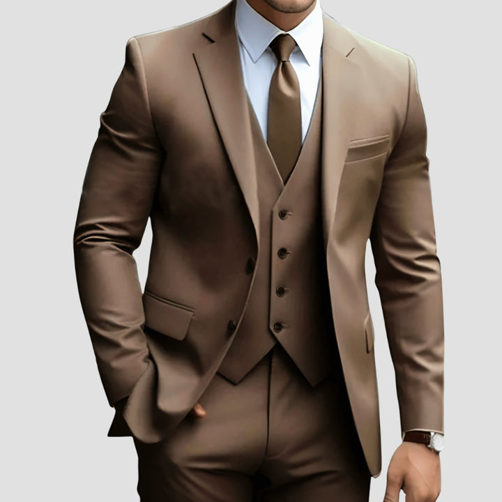 Men's Slim-Fit Three-Piece Formal Suit Set Notch Lapel Blazer Vest Trousers - Brown
