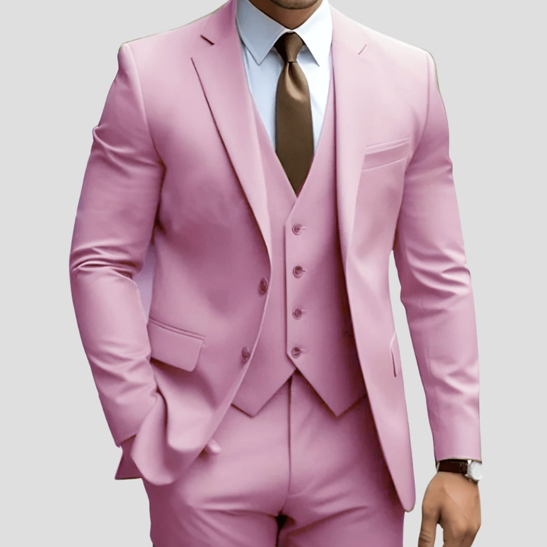 Men's Slim-Fit Three-Piece Formal Suit Set Notch Lapel Blazer Vest Trousers - Pink