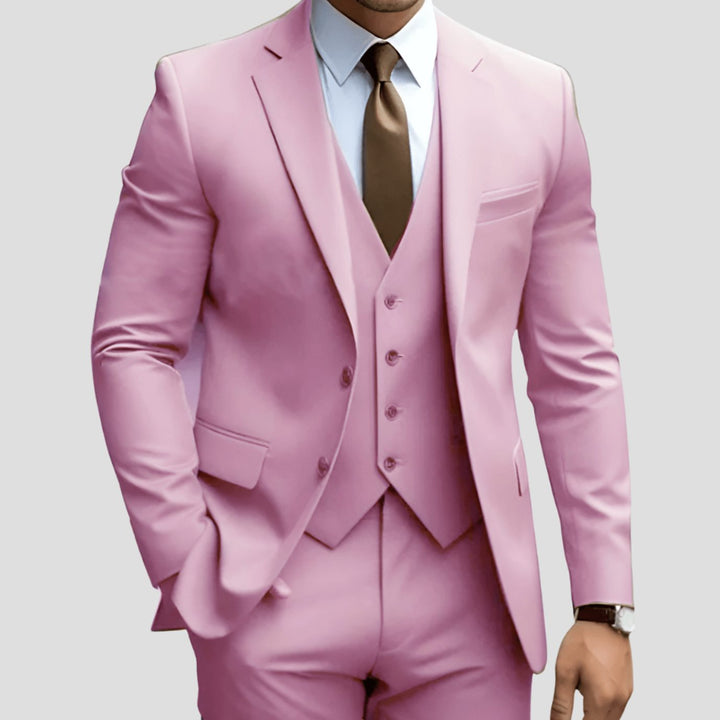 Men's Slim-Fit Three-Piece Formal Suit Set Notch Lapel Blazer Vest Trousers - Pink