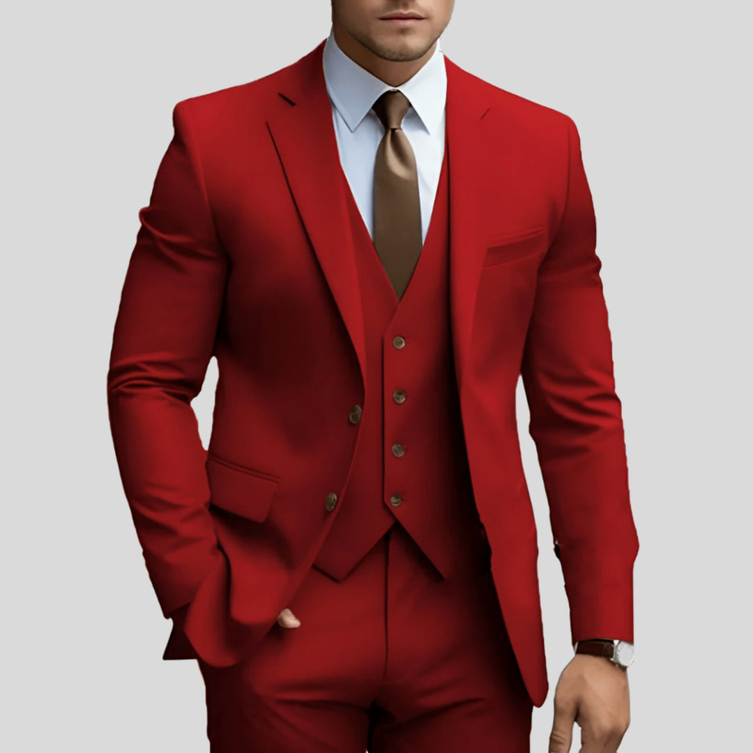 Men's Slim-Fit Three-Piece Formal Suit Set Notch Lapel Blazer Vest Trousers - Red