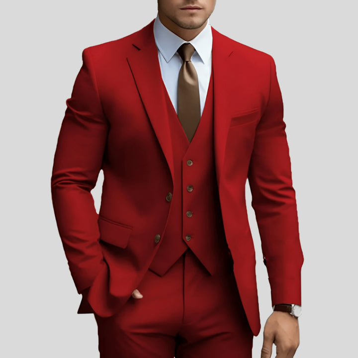 Men's Slim-Fit Three-Piece Formal Suit Set Notch Lapel Blazer Vest Trousers - Red