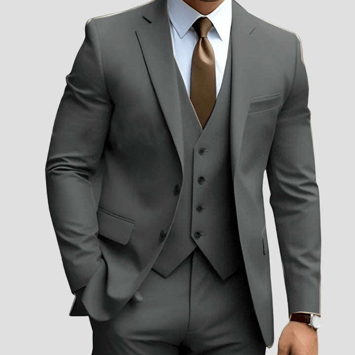Men's Slim-Fit Three-Piece Formal Suit Set Notch Lapel Blazer Vest Trousers - Dark Gray