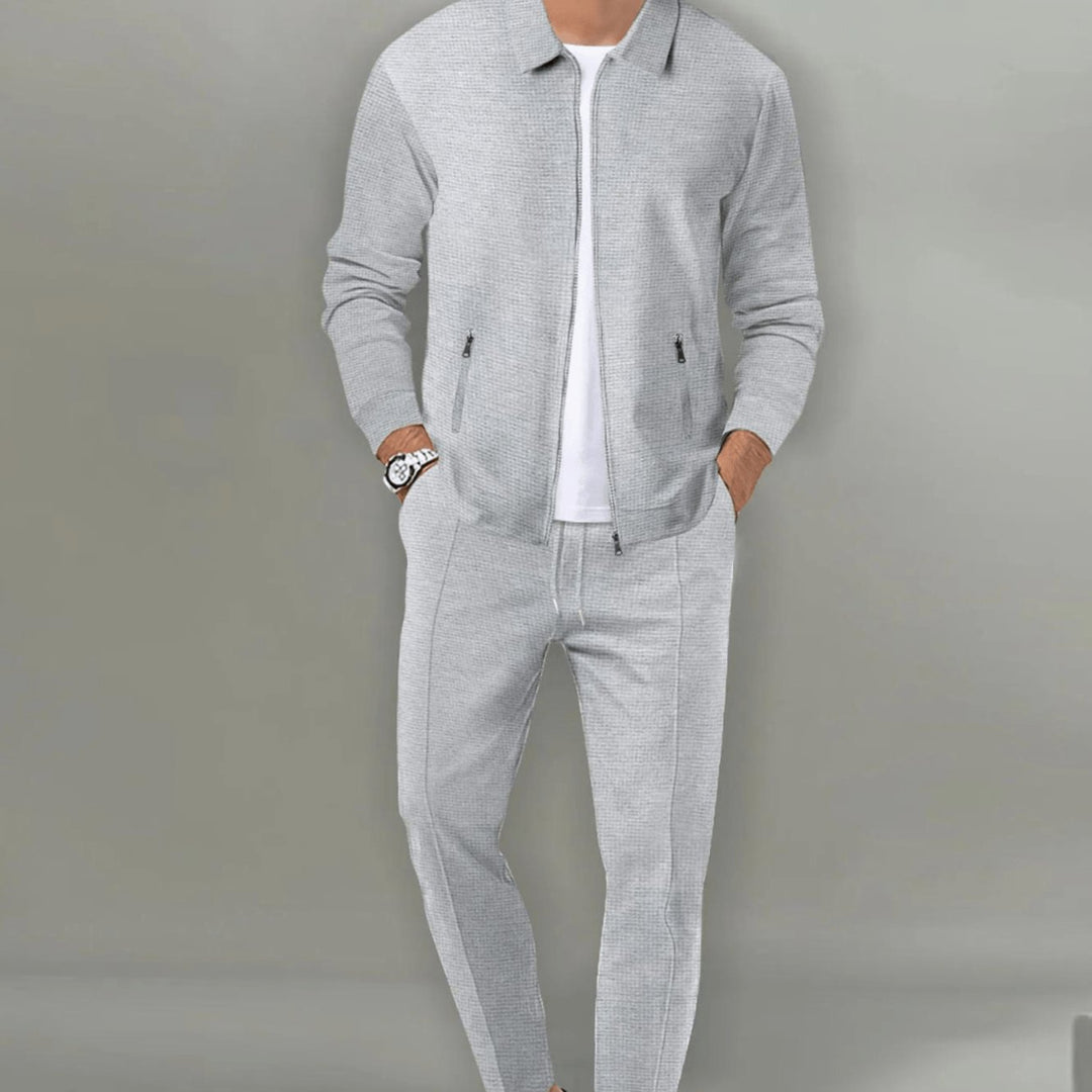 Men's Slim-Fit Zip-Up Casual Tracksuit Two-Piece Set - Grey