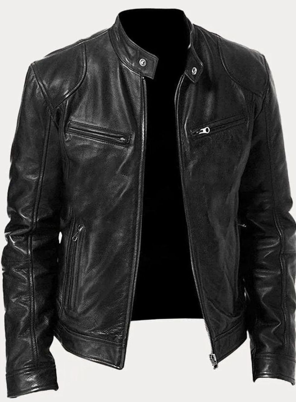 Men's Slim-Fit Zip-Up Leather Moto Style Jacket - Black
