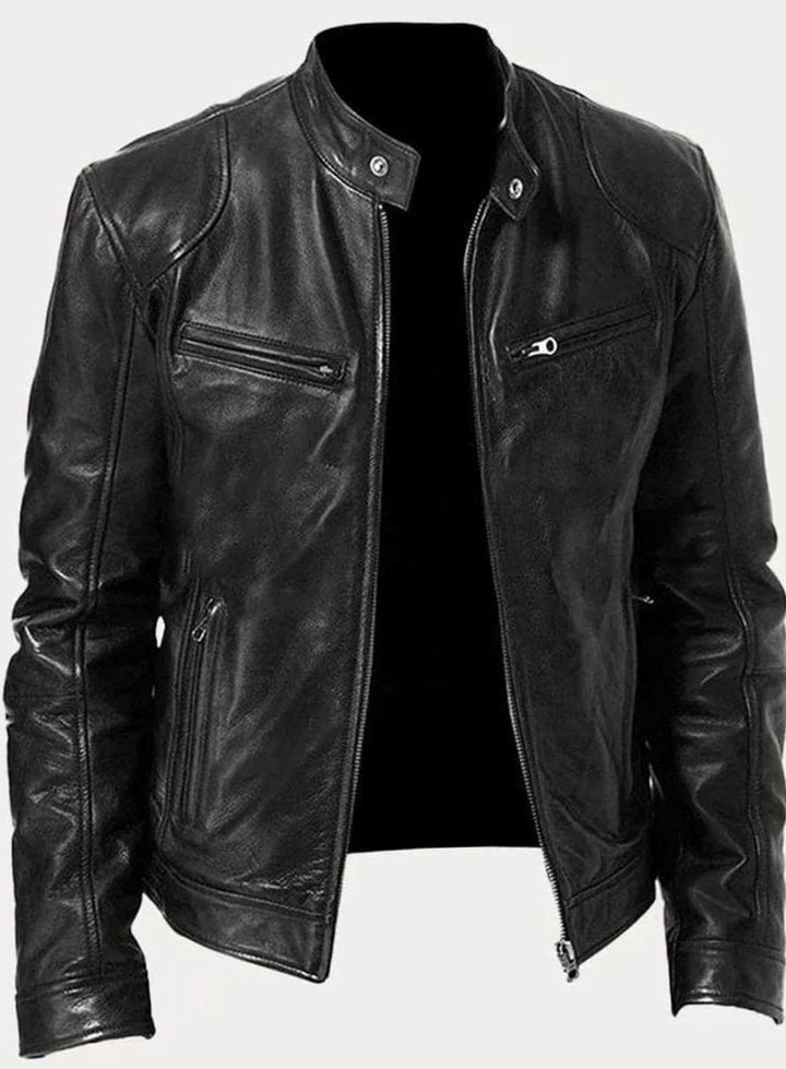 Men's Slim-Fit Zip-Up Leather Moto Style Jacket - Black