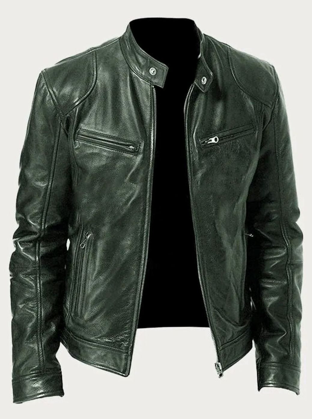 Men's Slim-Fit Zip-Up Leather Moto Style Jacket - Green