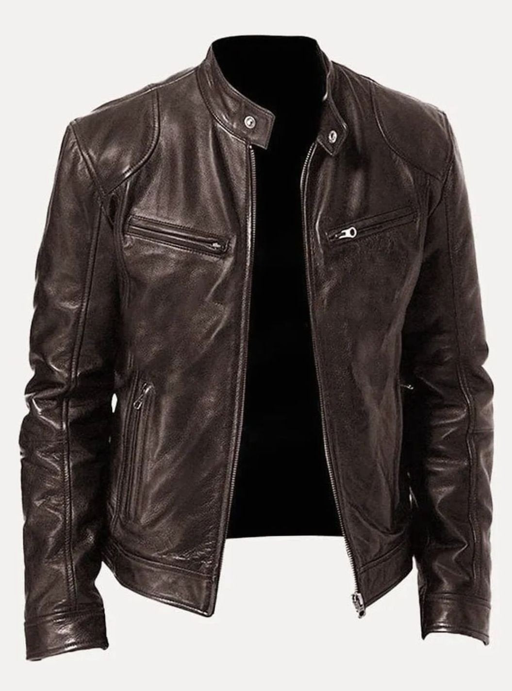 Men's Slim-Fit Zip-Up Leather Moto Style Jacket - Brown
