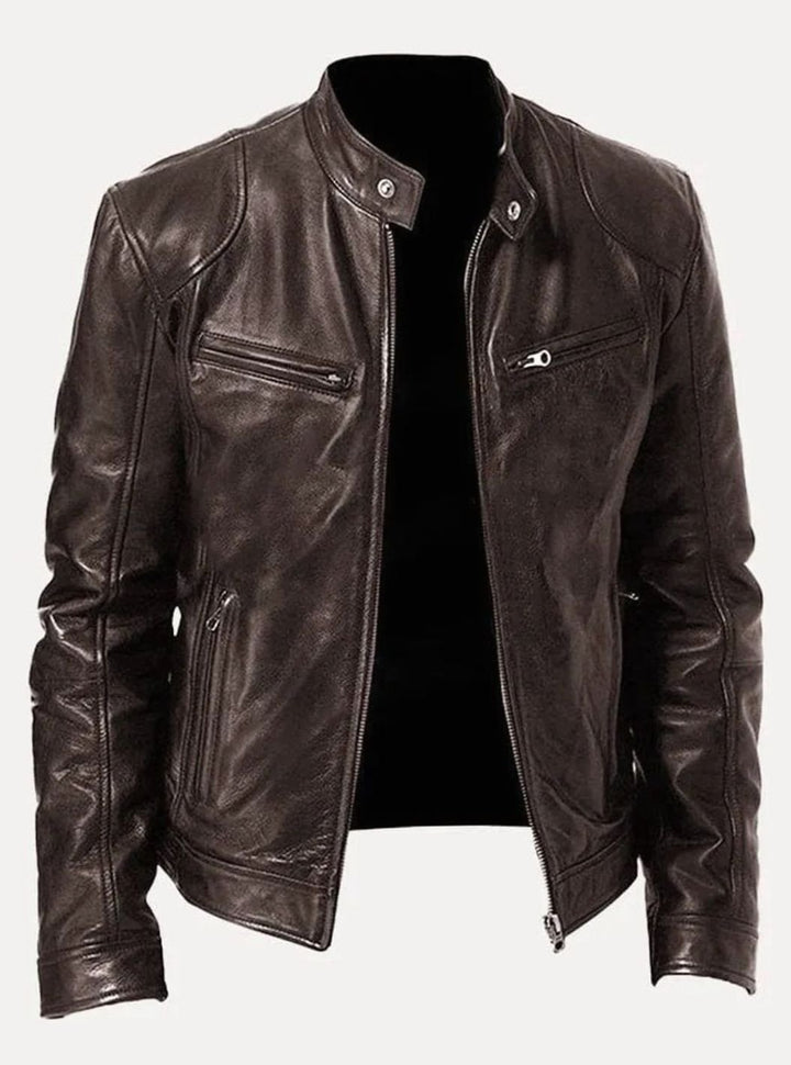 Men's Slim-Fit Zip-Up Leather Moto Style Jacket - Brown