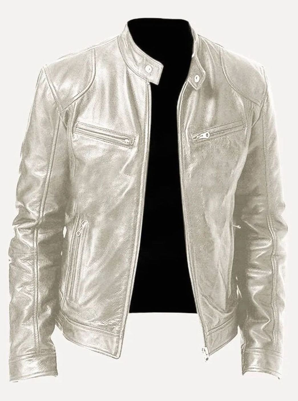 Men's Slim-Fit Zip-Up Leather Moto Style Jacket - Silver